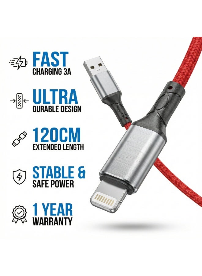 بيكوس كابل شحن سريع BECCOS USB إلى لايتنينج بطول 120 سم – قدرة 3 أمبير نقل بيانات سريع، نايلون مجدول – أحمر - Image 1